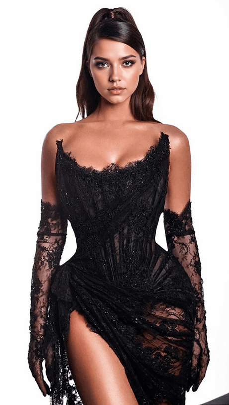 Charla – Maxikleid mit Spitzen-Blumenmuster und Falten und Handschuhen