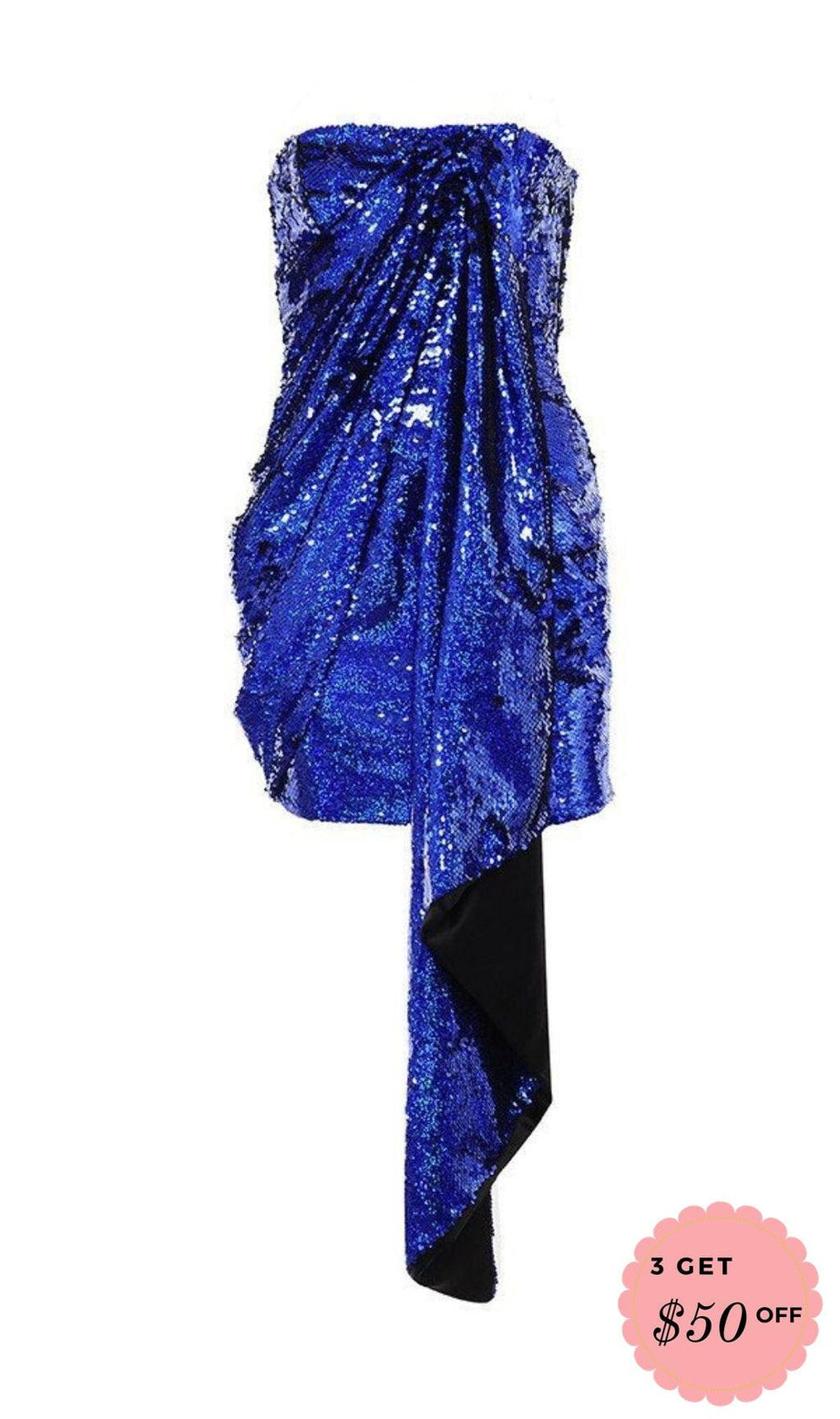 MINI ABITO SENZA SPALLINE CON PAILLETTES BLU COBALTO