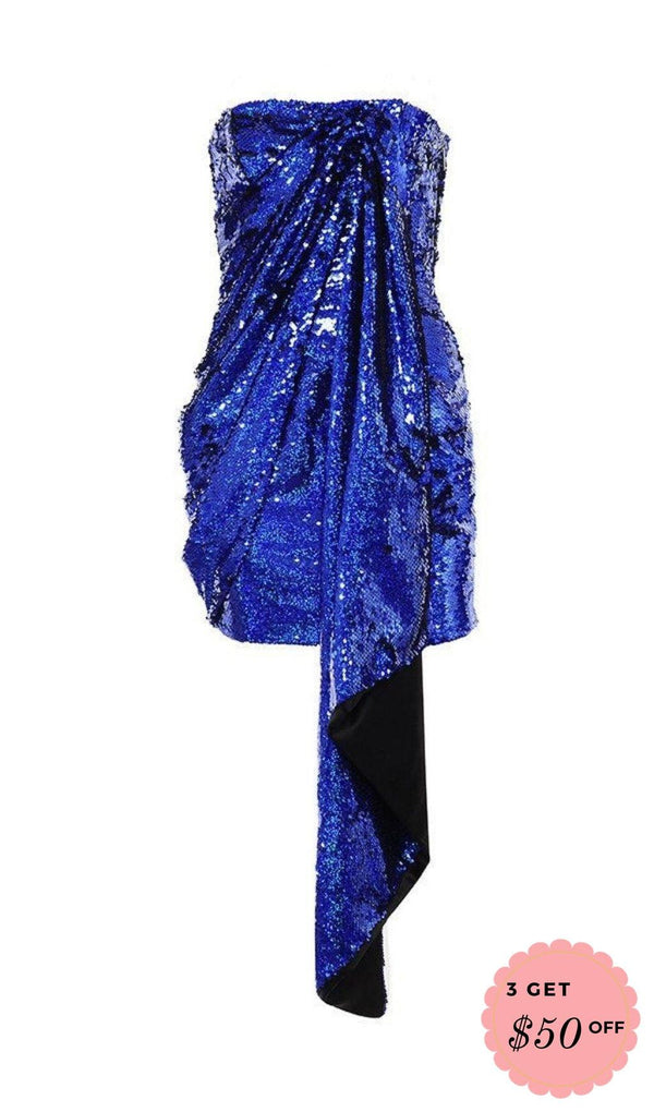 SEQUIN STRAPLESS MINI DRESS IN COBALT BLUE