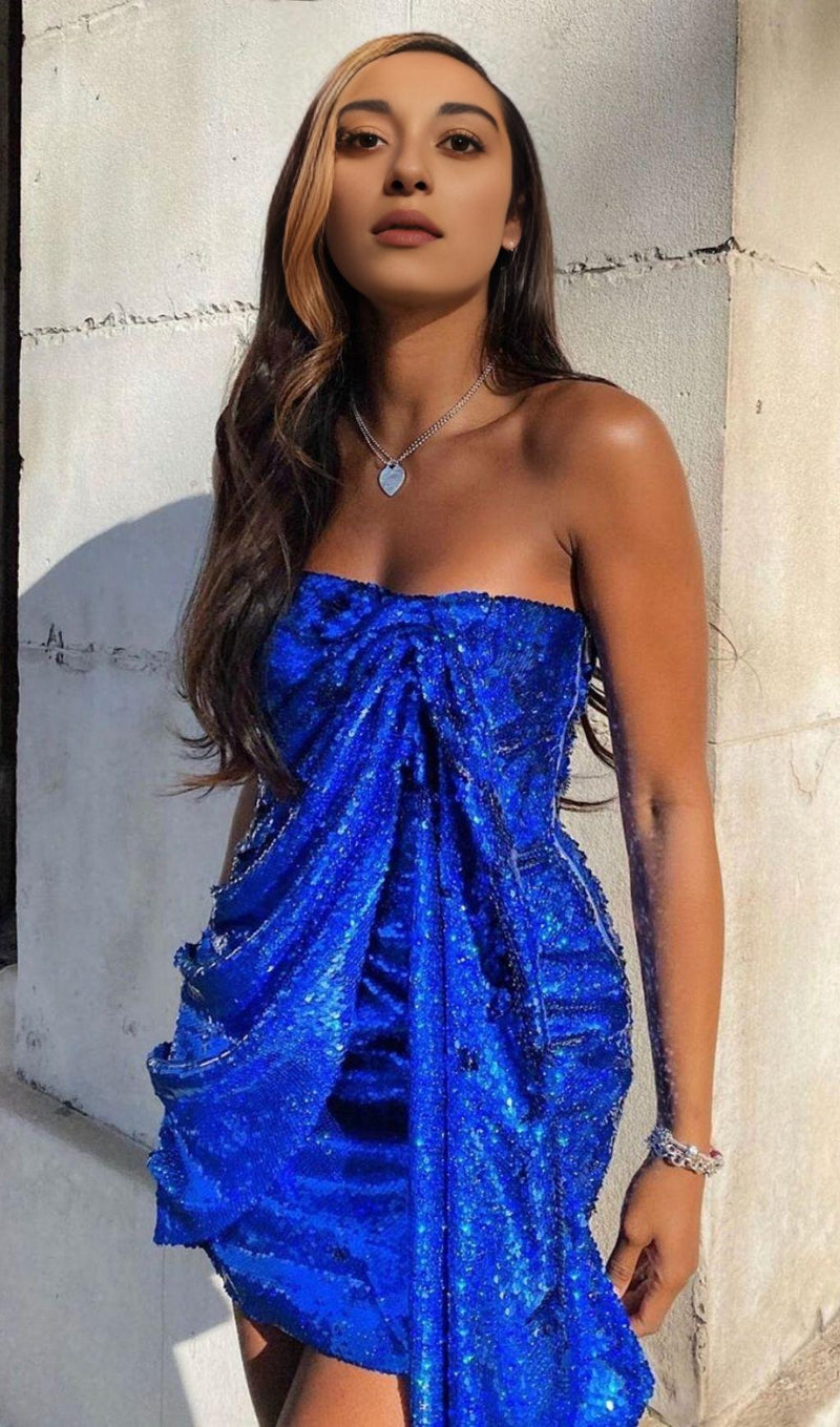 SEQUIN STRAPLESS MINI DRESS IN COBALT BLUE