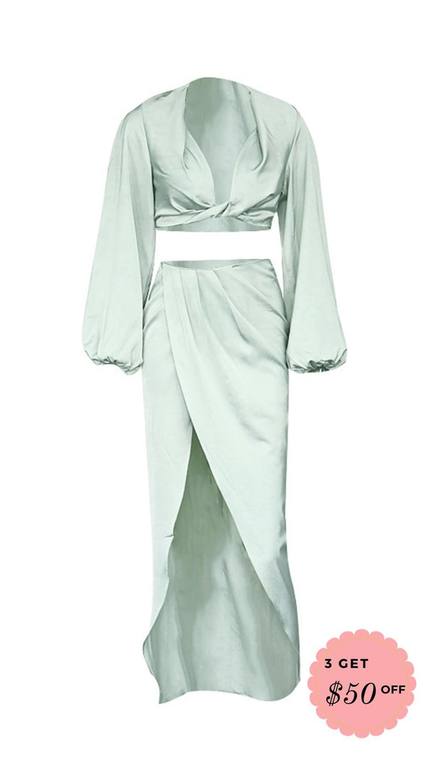 AIIZIE SILKY SATIN DRAPED TWO PIECE SET IN GREEN - product image