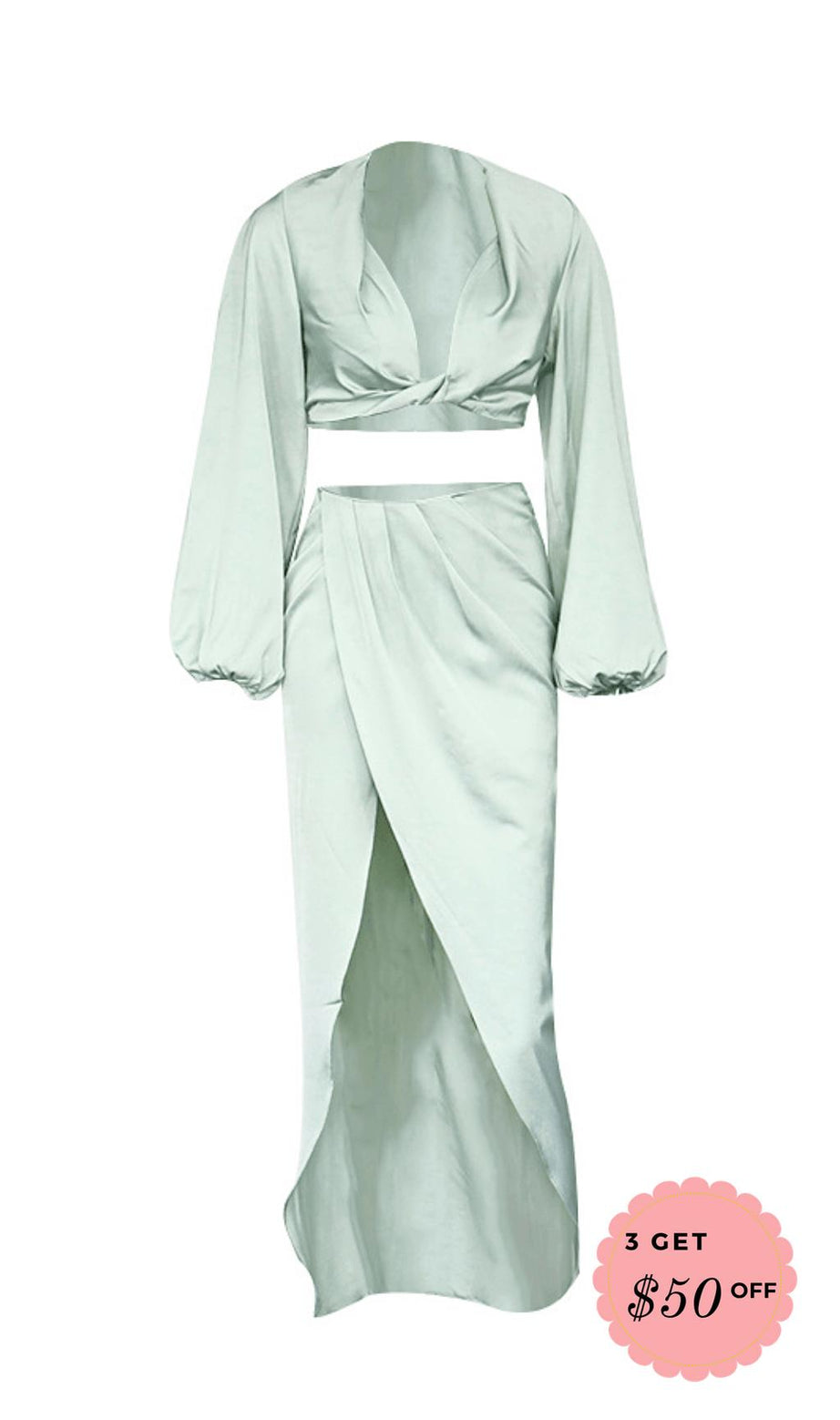 SILKY SATIN DRAPED TWO PIECE SET IN GREEN