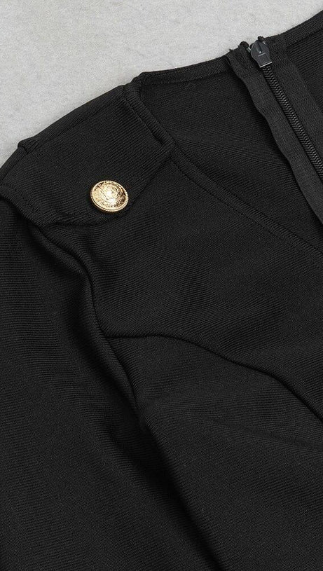 BLACK LONG SLEEVE METAL BUTTONS BANDAGE DRESS
