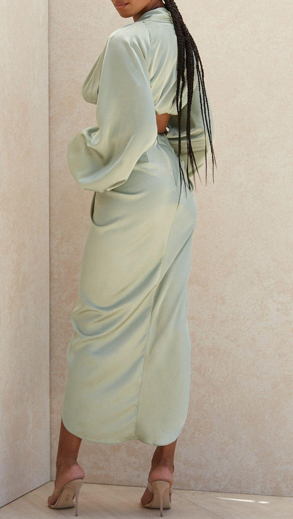 AIIZIE SILKY SATIN DRAPED TWO PIECE SET IN GREEN - product image