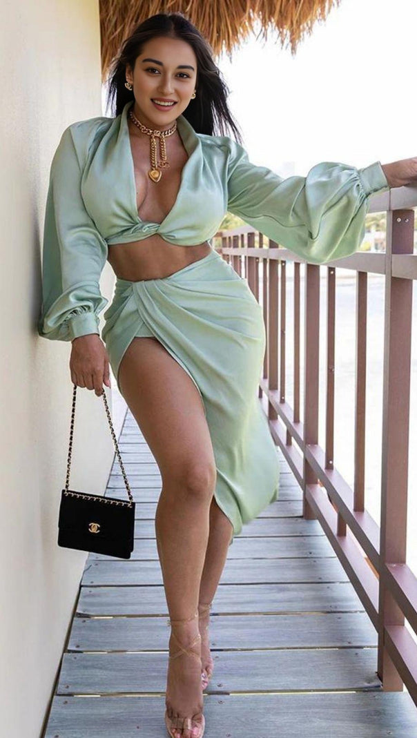 Silky Satin Draped Two Piece Set in Green