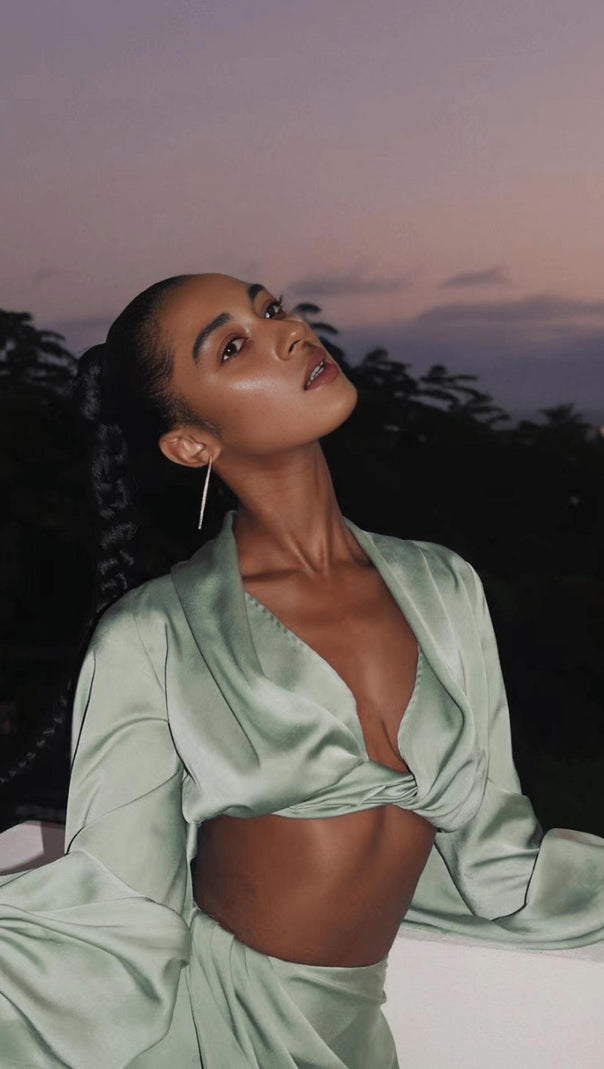 Silky Satin Draped Two Piece Set in Green