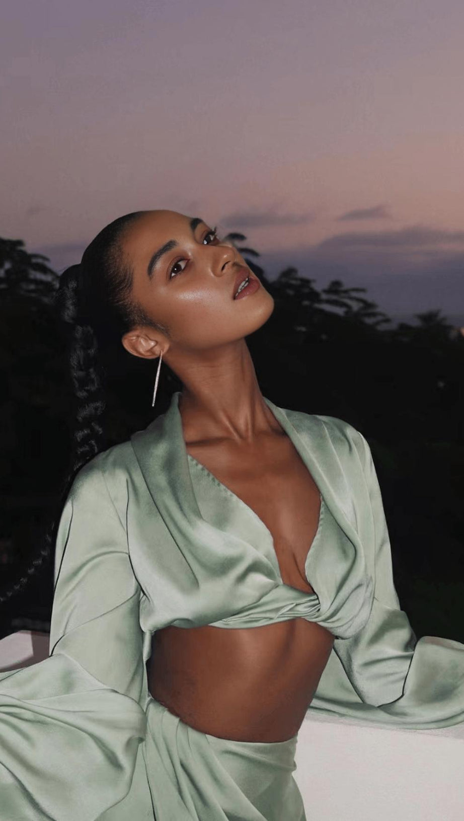 SILKY SATIN DRAPED TWO PIECE SET IN GREEN