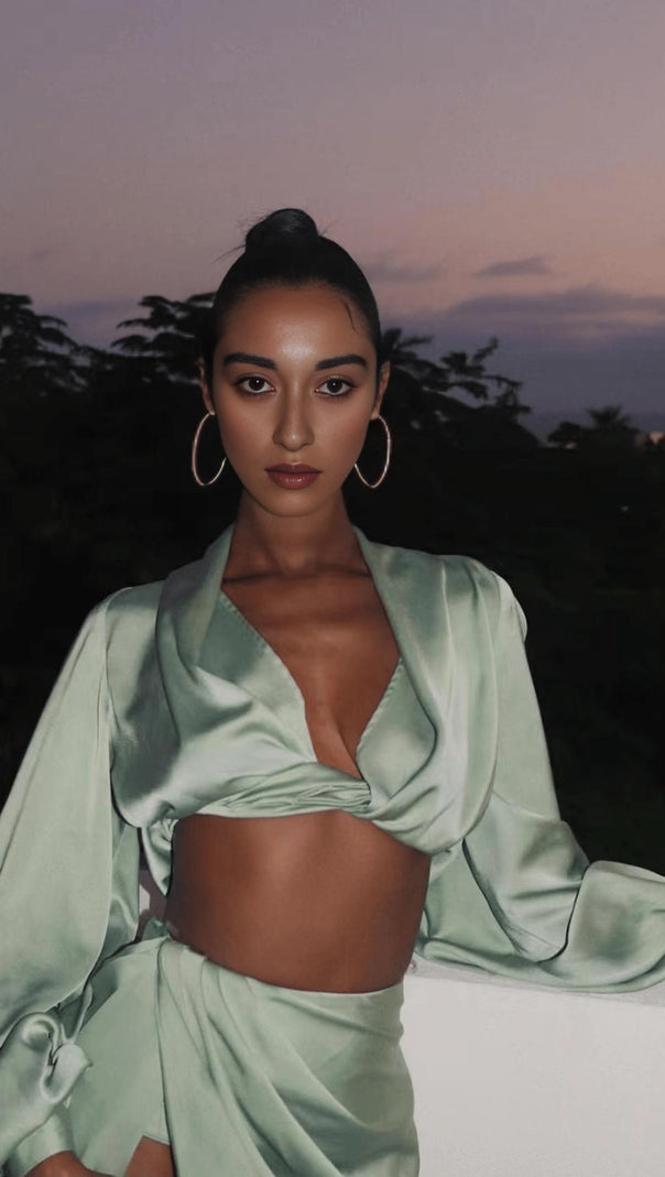 Silky Satin Draped Two Piece Set in Green