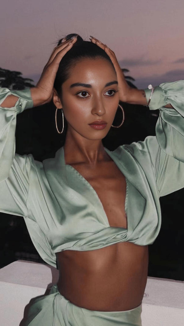Silky Satin Draped Two Piece Set in Green