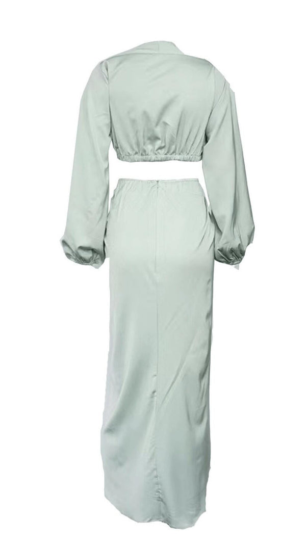 Silky Satin Draped Two Piece Set in Green