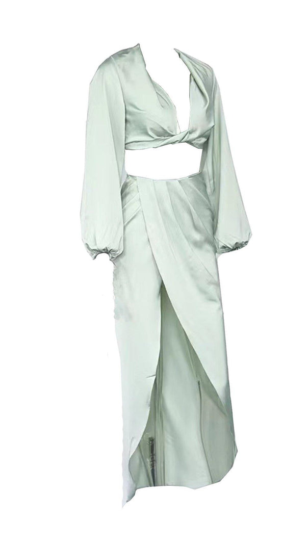 Silky Satin Draped Two Piece Set in Green