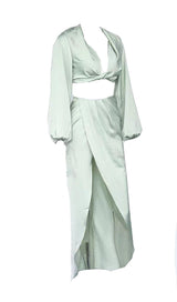 SILKY SATIN DRAPED TWO PIECE SET IN GREEN