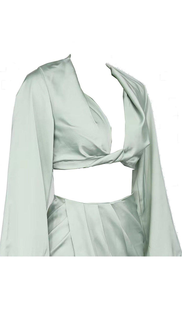 Silky Satin Draped Two Piece Set in Green