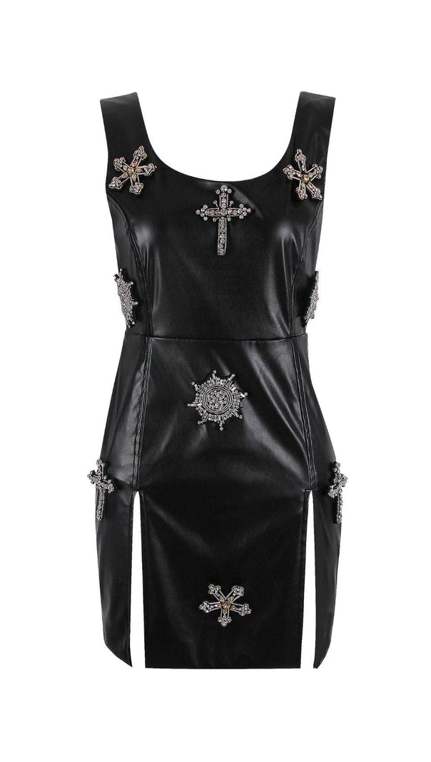 AIIZIE CRYSTAL LEATHER MINI DRESS IN BLACK - product image