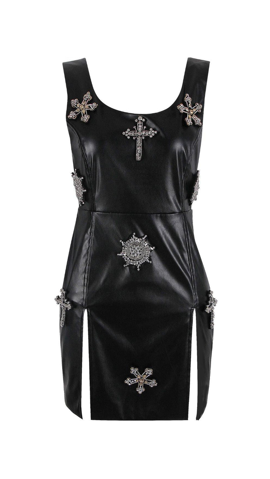 CRYSTAL LEATHER MINI DRESS IN BLACK