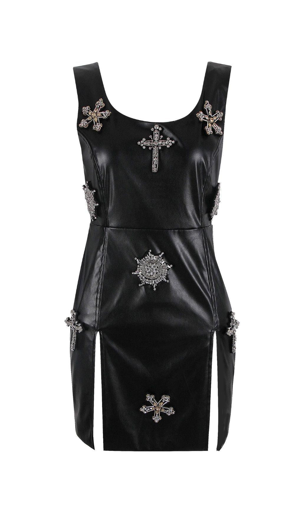 MINI ABITO IN PELLE CON CRISTALLI NERO