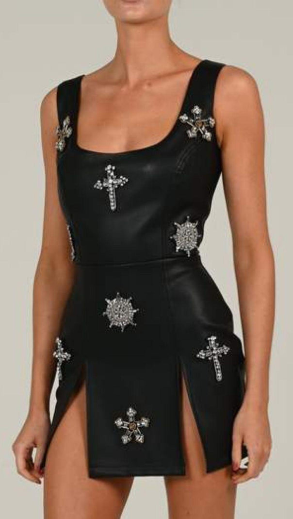 AIIZIE CRYSTAL LEATHER MINI DRESS IN BLACK - product image