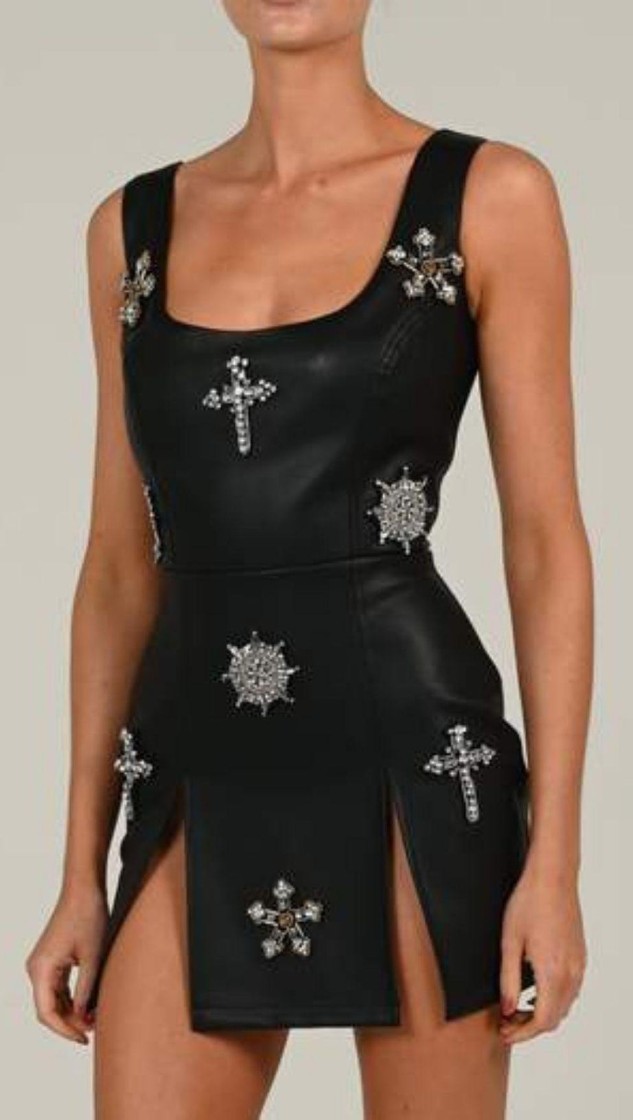 MINI ABITO IN PELLE CON CRISTALLI NERO