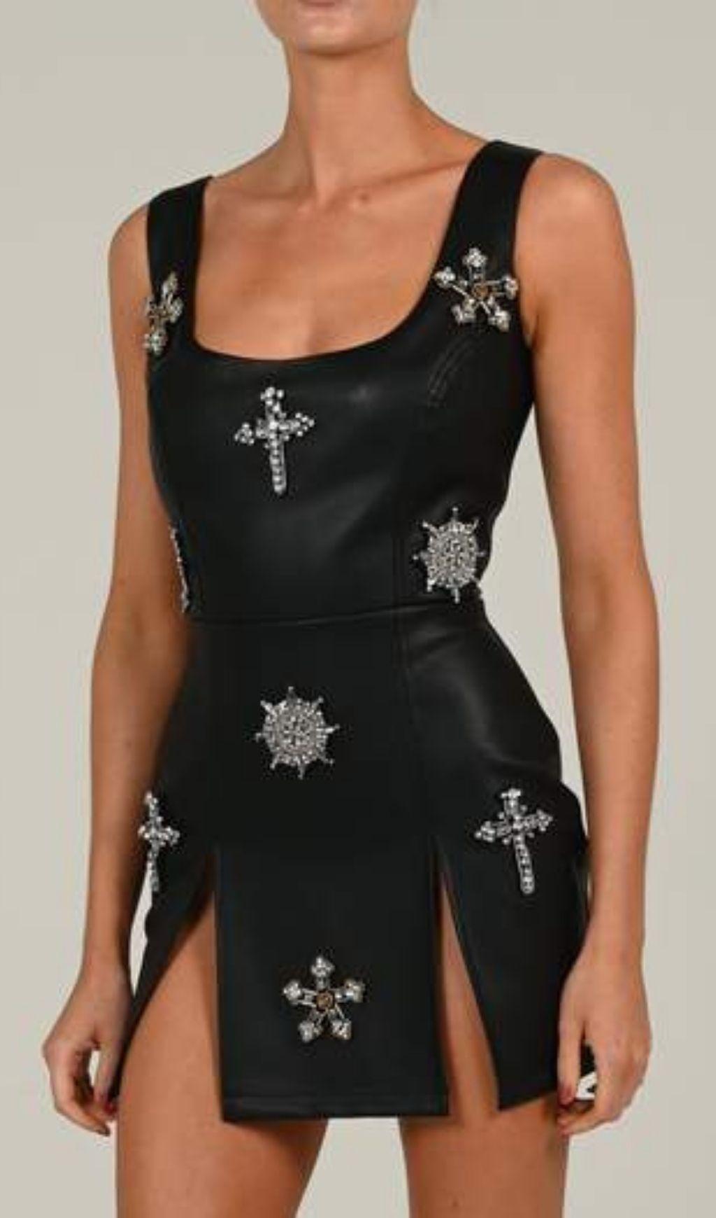 MINI ABITO IN PELLE CON CRISTALLI NERO