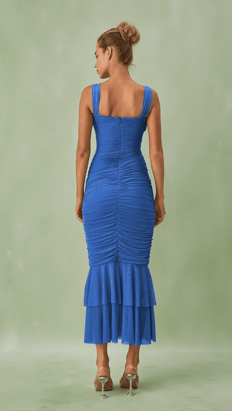 ERI RUCHED MESH MAXI DRESS IN BLUE