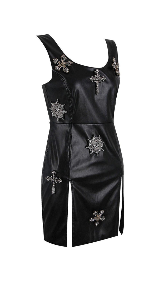AIIZIE CRYSTAL LEATHER MINI DRESS IN BLACK - product image