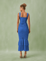 Eri Ruched Mesh Maxi Dress In Blue