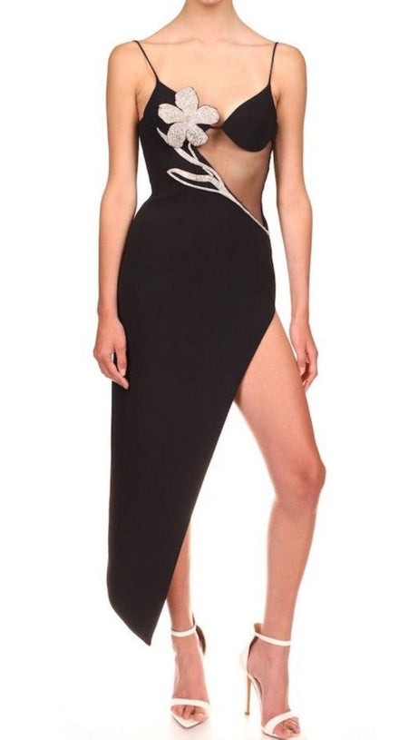 ASYMMETRIC CRYSTAL FLOWER DRESS IN BLACK