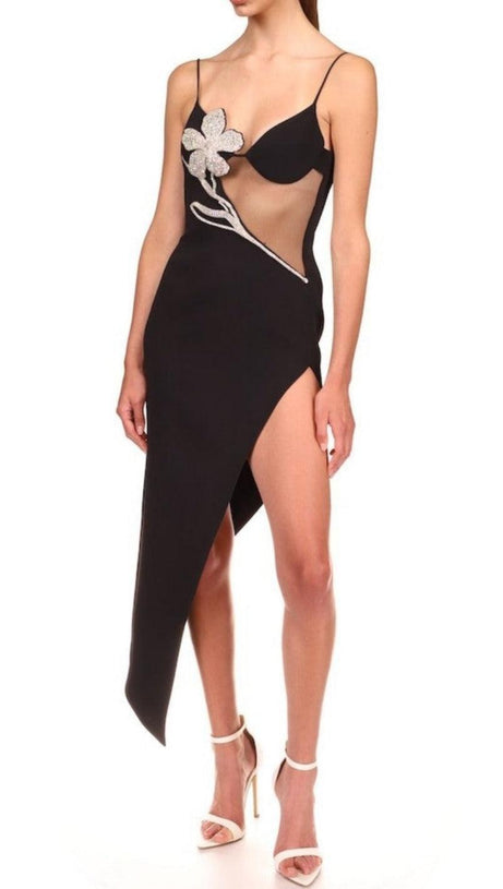 ASYMMETRIC CRYSTAL FLOWER DRESS IN BLACK