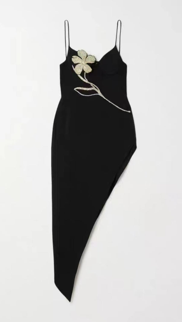 Asymmetric Crystal Flower Dress in Black