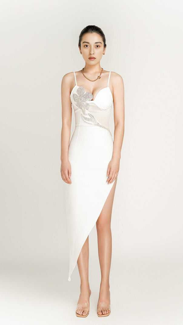 Asymmetric Crystal Flower Dress in Black