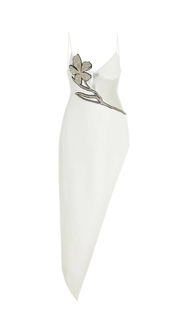 Asymmetric Crystal Flower Dress in Black