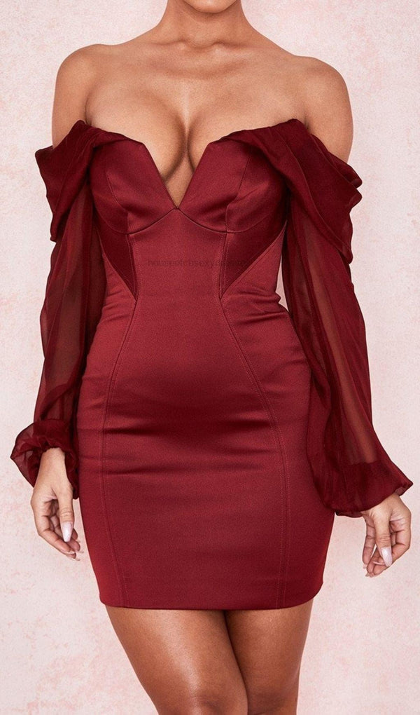 SATIN STRAPLESS MINI DRESS IN WINE RED