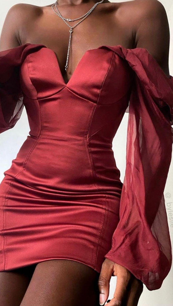 AIIZIE SATIN STRAPLESS MINI DRESS IN WINE RED - product image