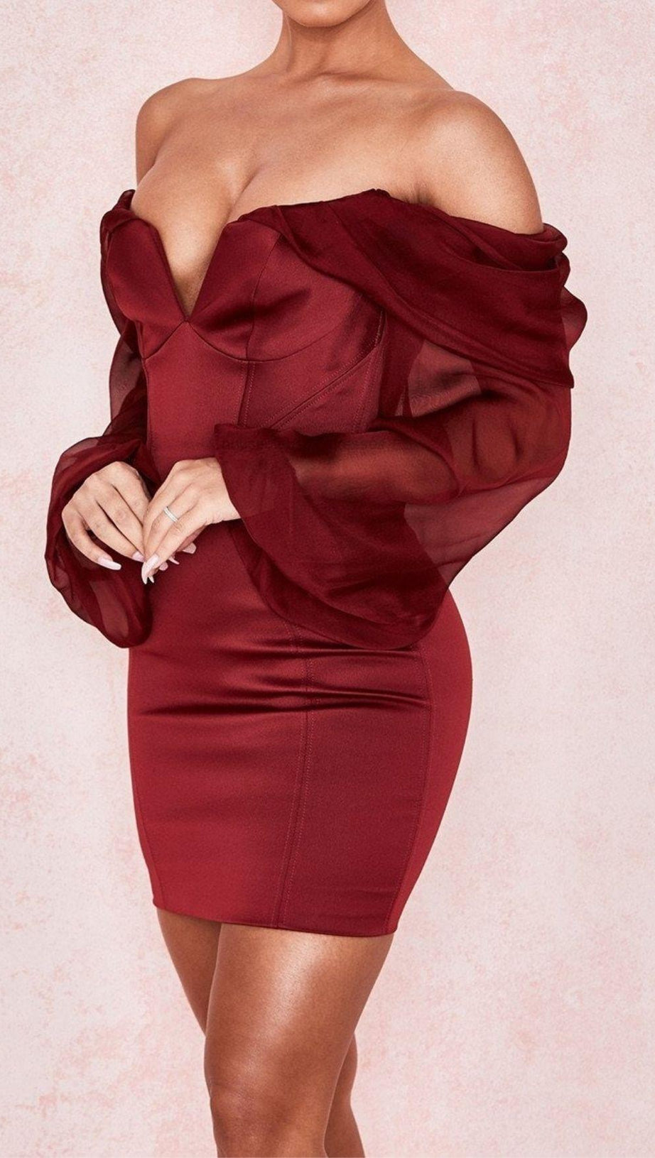 SATIN STRAPLESS MINI DRESS IN WINE RED