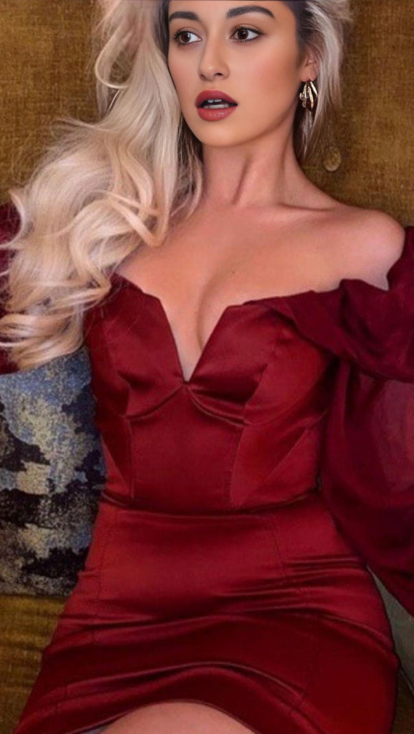 AIIZIE SATIN STRAPLESS MINI DRESS IN WINE RED - product image