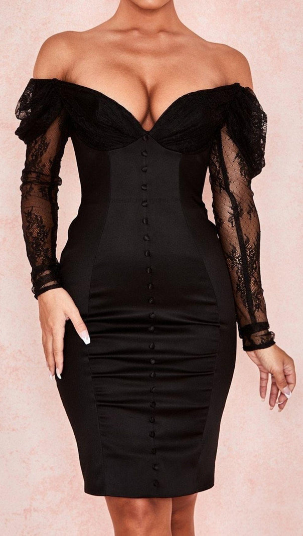 AIIZIE OFF SHOULDER CORSET MIDI DRESS IN BLACK - product image