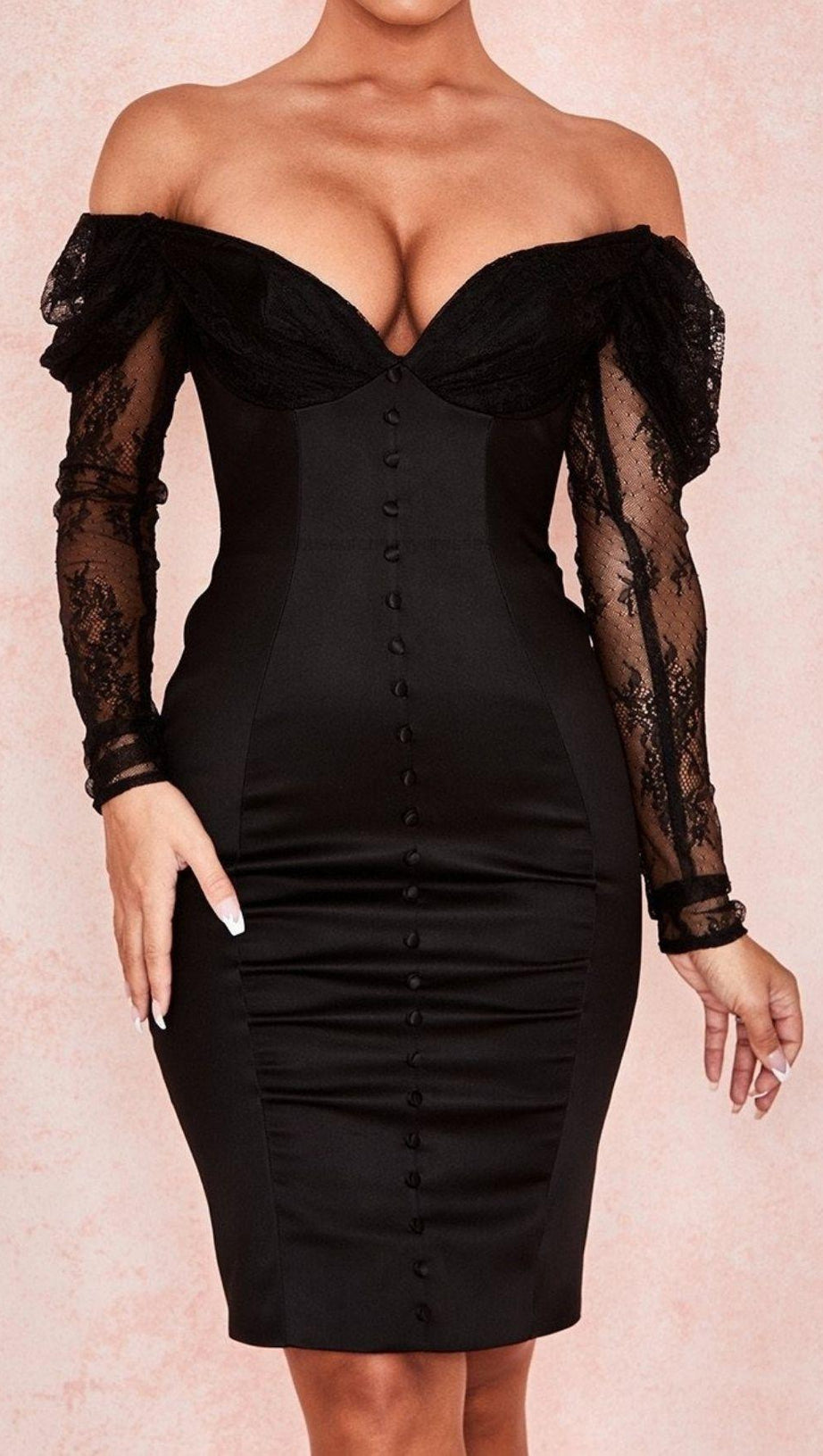 OFF SHOULDER CORSET MIDI DRESS IN BLACK