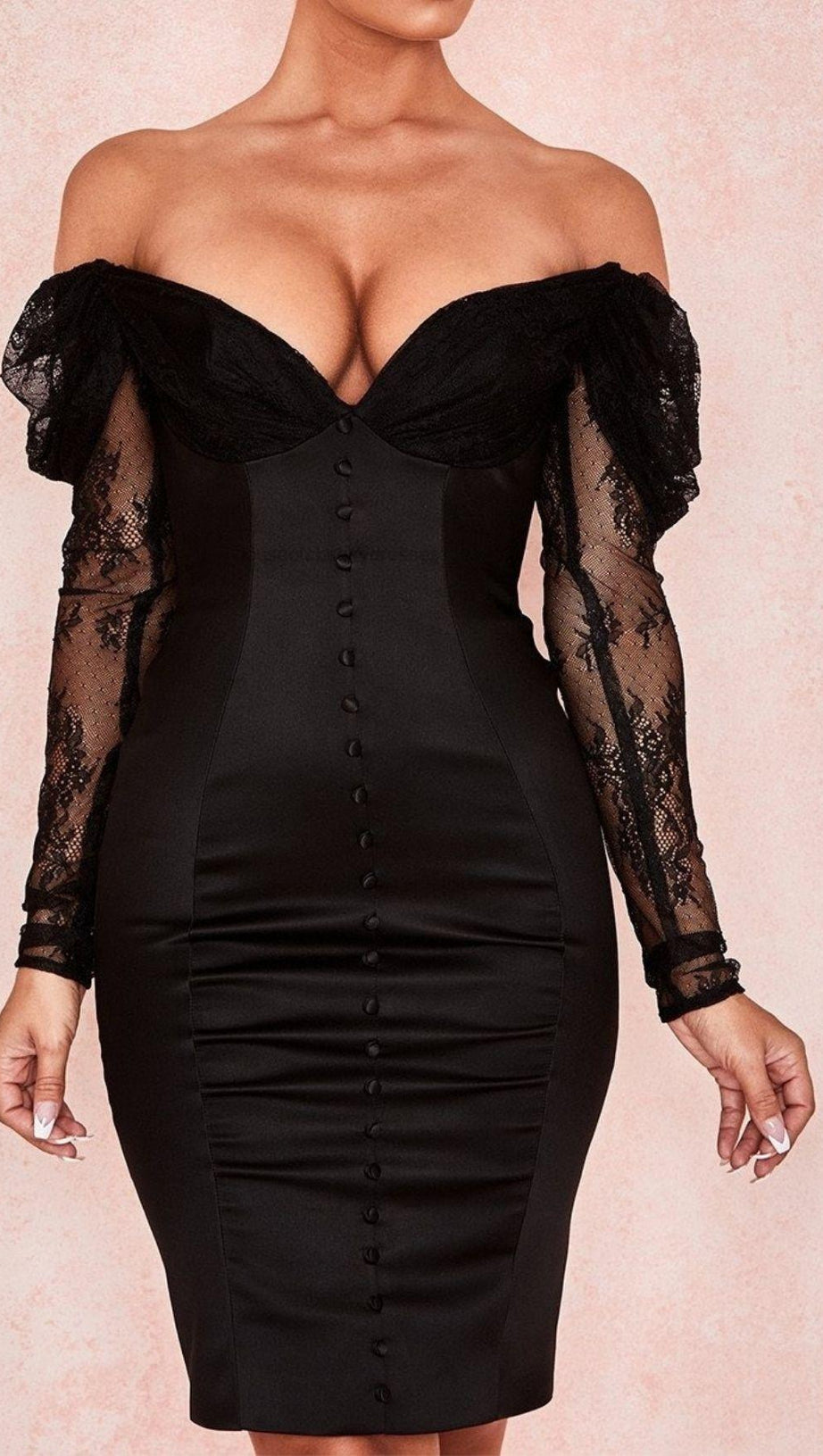 OFF SHOULDER CORSET MIDI DRESS IN BLACK