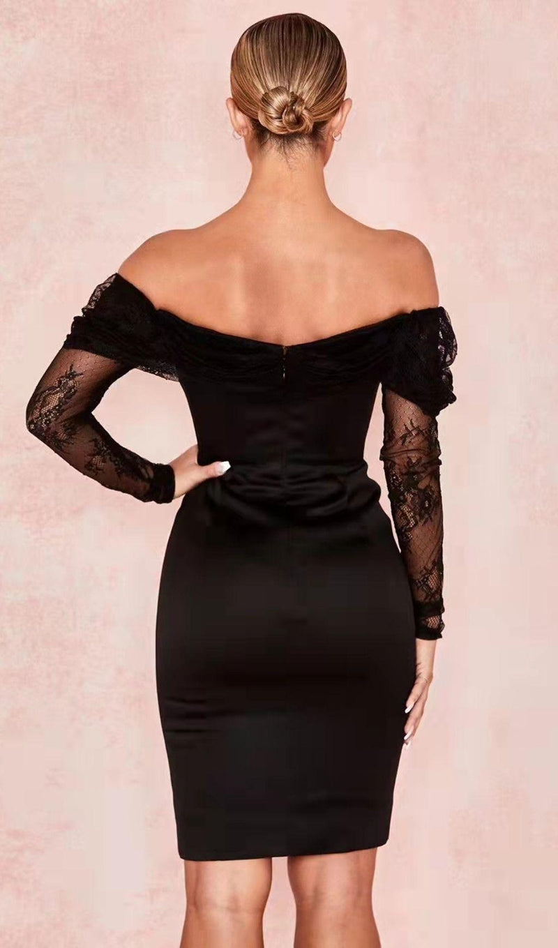 OFF SHOULDER CORSET MIDI DRESS IN BLACK