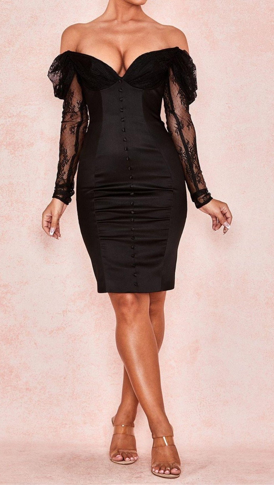 OFF SHOULDER CORSET MIDI DRESS IN BLACK