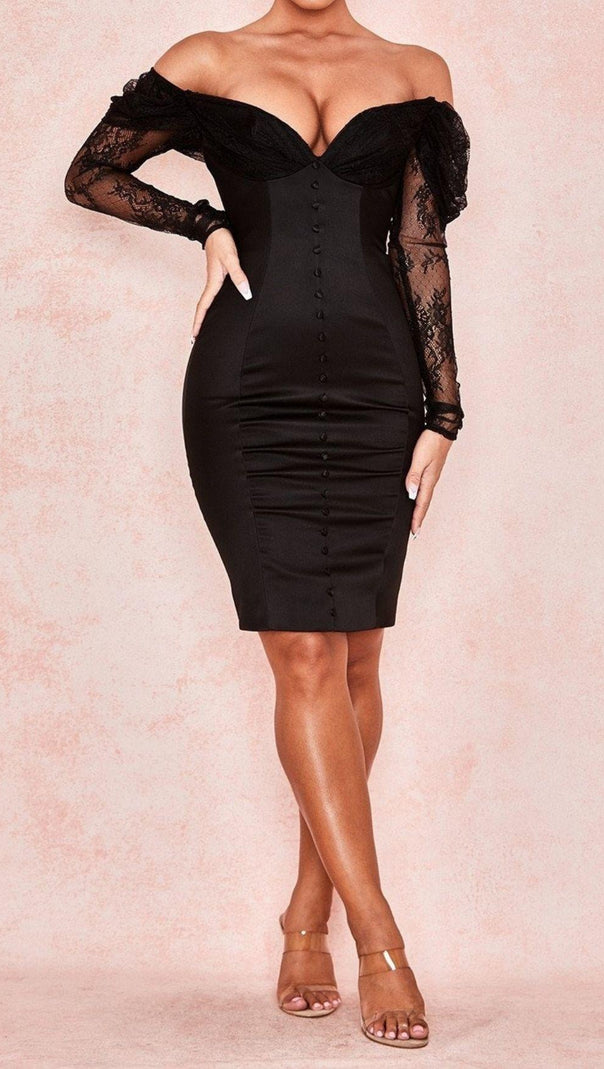 AIIZIE OFF SHOULDER CORSET MIDI DRESS IN BLACK - product image