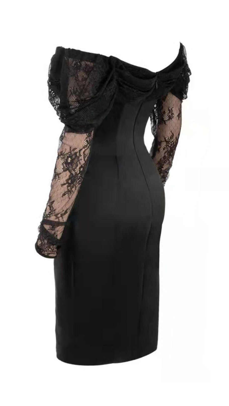 OFF SHOULDER CORSET MIDI DRESS IN BLACK