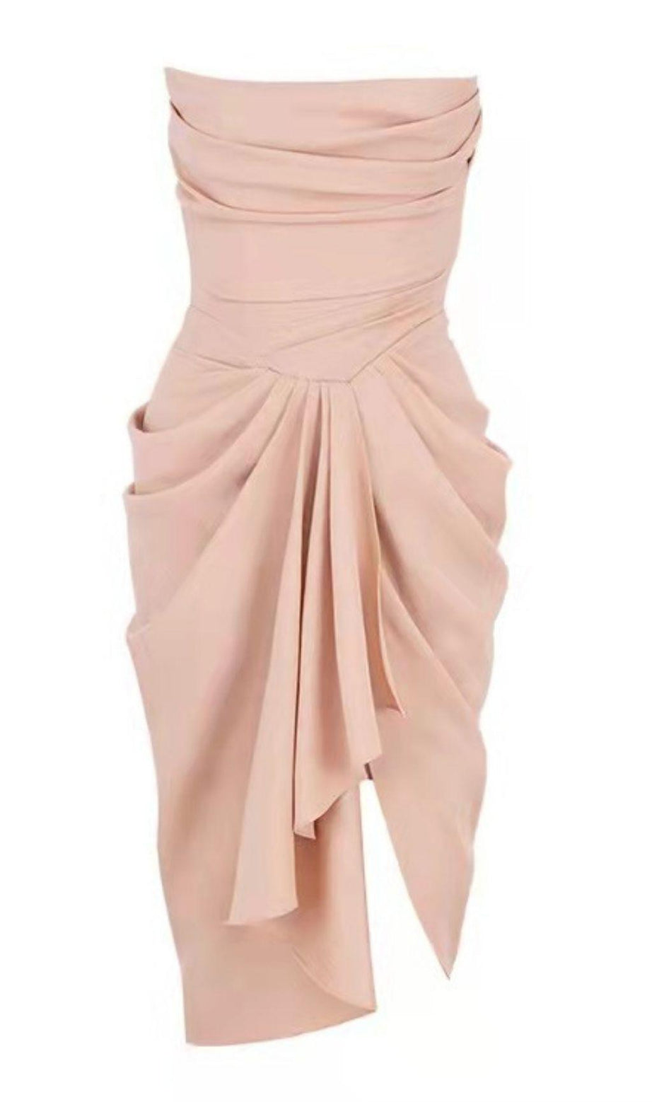 ABITO MIDI IN SETA SENZA SPALLINE CON RUCHES ROSA