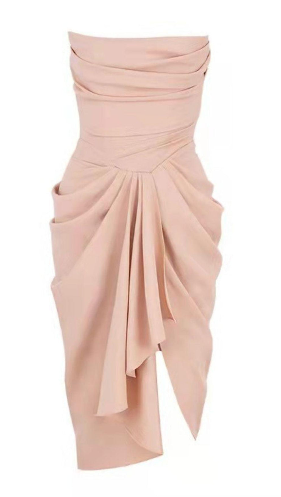 SILK STRAPLESS RUCHED MIDI DRESS IN PINK