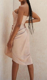 SILK STRAPLESS RUCHED MIDI DRESS IN PINK