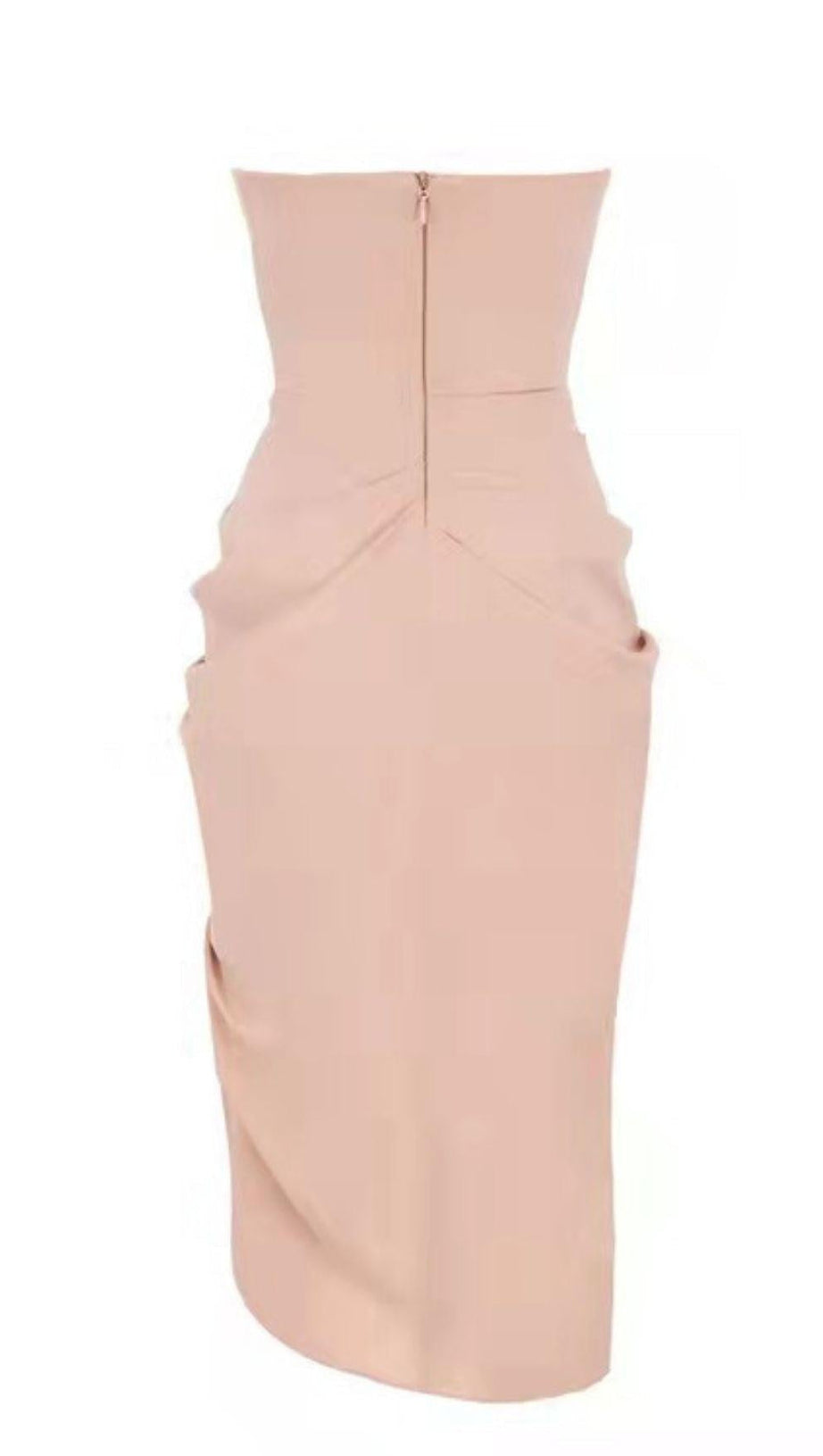 SILK STRAPLESS RUCHED MIDI DRESS IN PINK