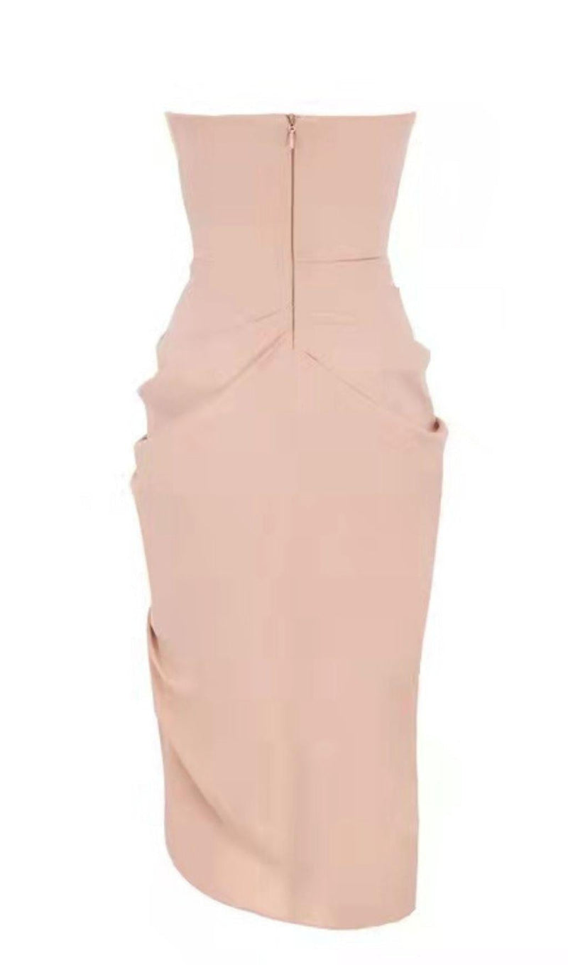 SILK STRAPLESS RUCHED MIDI DRESS IN PINK