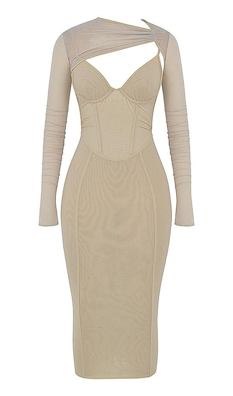 LONG SLEEVE MIDI DRESS IN BEIGE