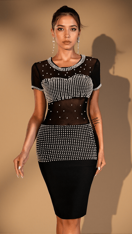 Ilana Perlen-Netzkleid in Schwarz