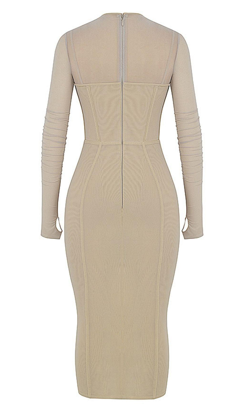 LONG SLEEVE MIDI DRESS IN BEIGE